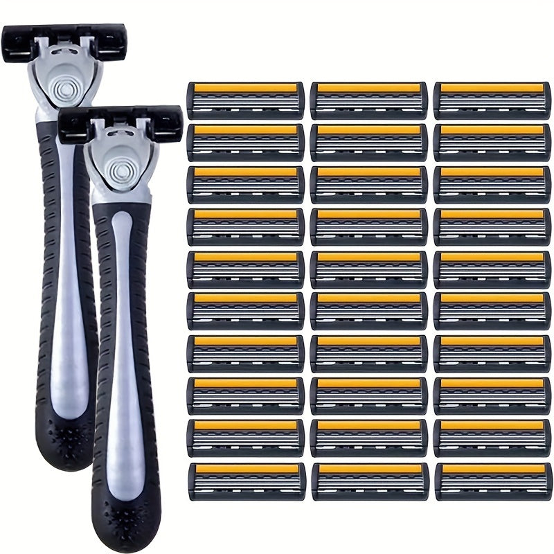 Men's Safety Razor for Facial Hair and Beard Grooming with Yellow Three-Layer Blade