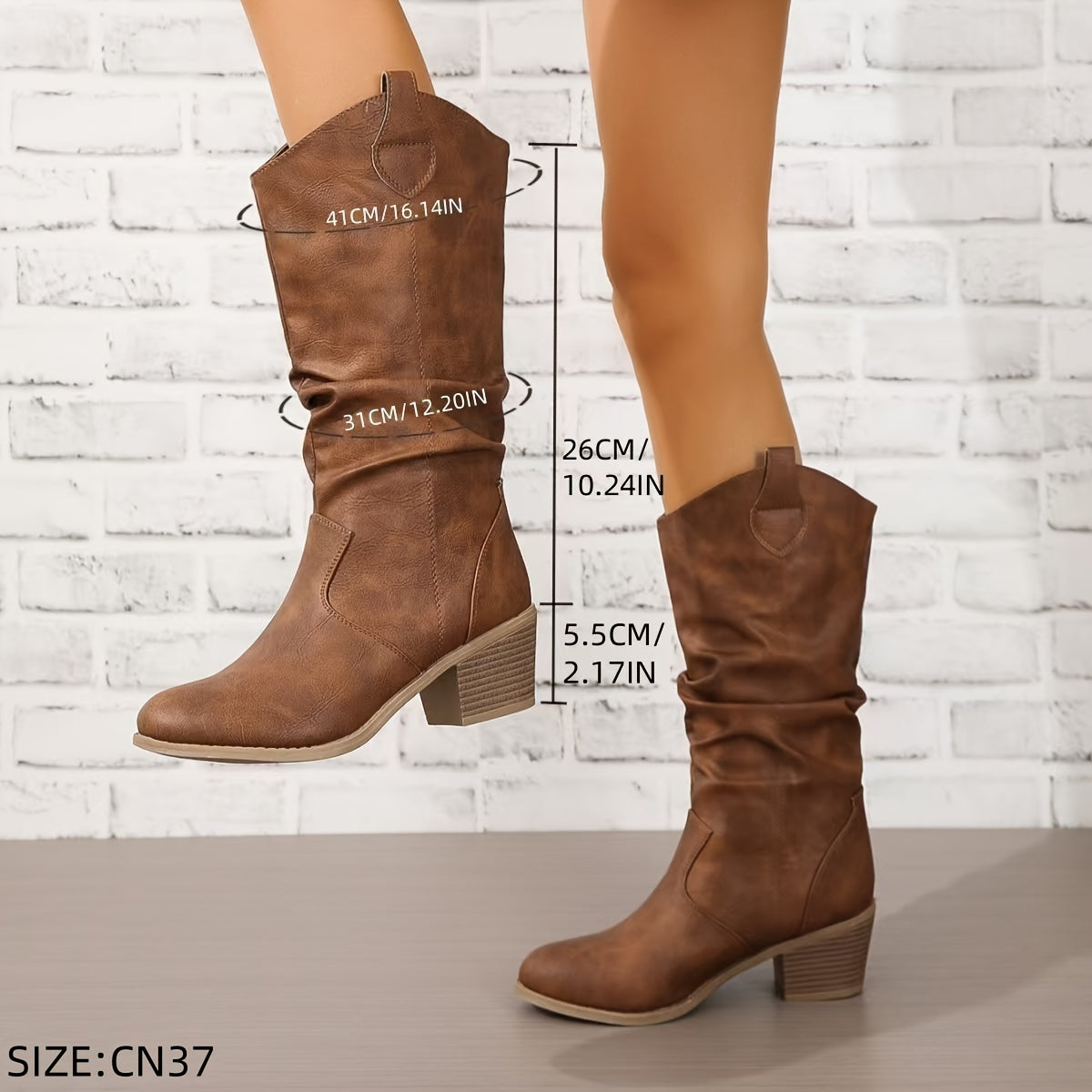 Women's Faux Leather Slouchy Western Boots Mid-Calf Brown Round Toe