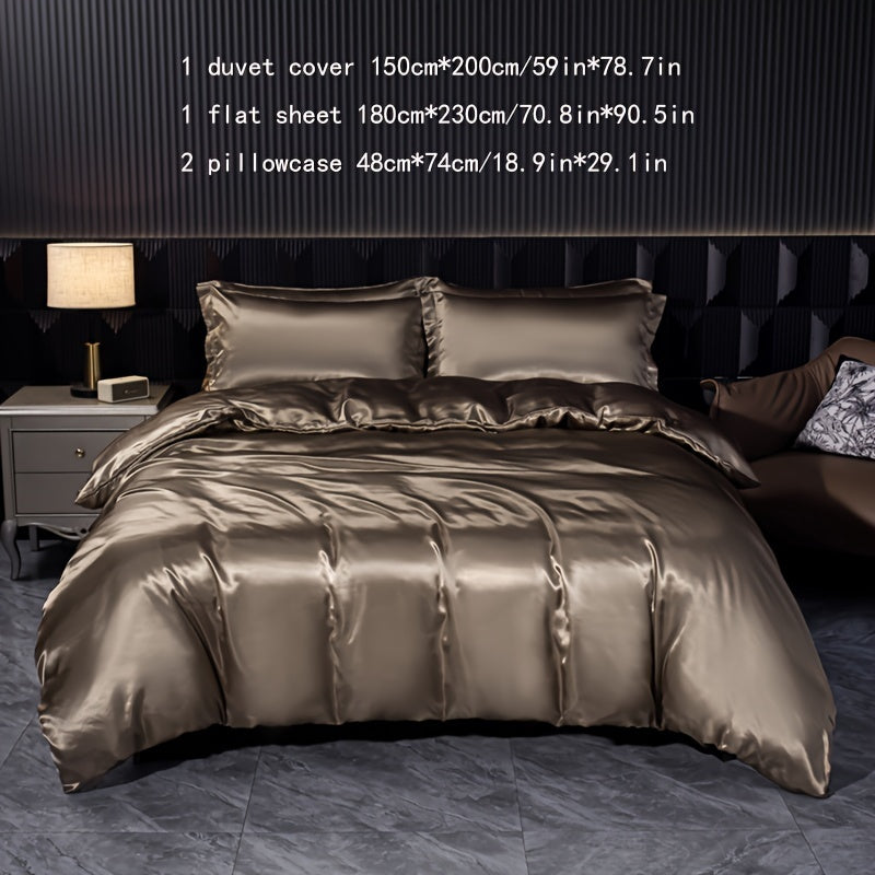 Luxurious Satin Bedding Set 4-Piece Zipper Closure Solid Color for Home Guest Hotel
