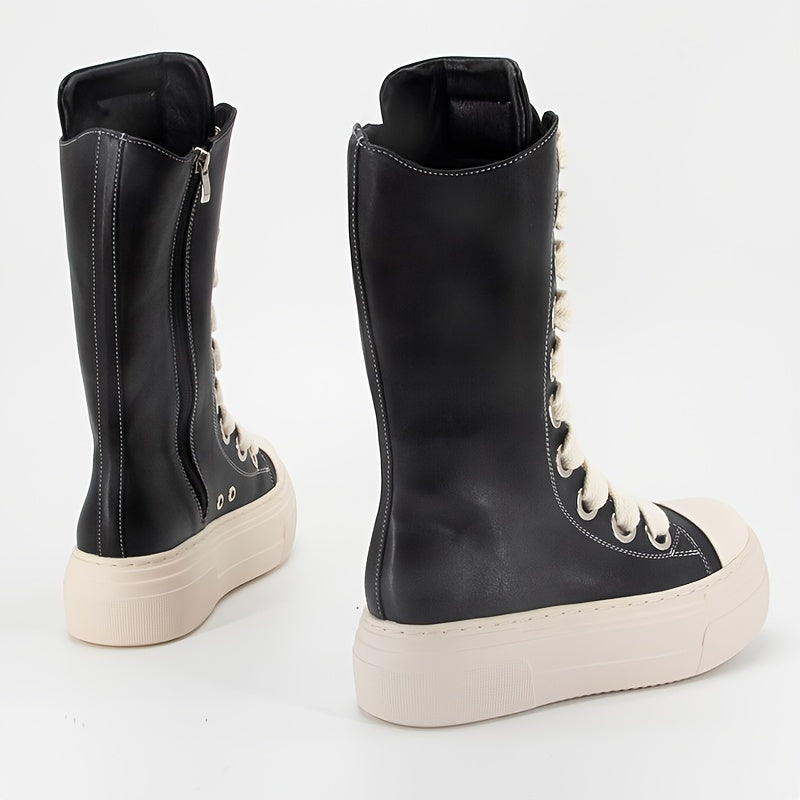 Women's Knee High Boots Solid Color Round Toe Platform Lace-Up Boots