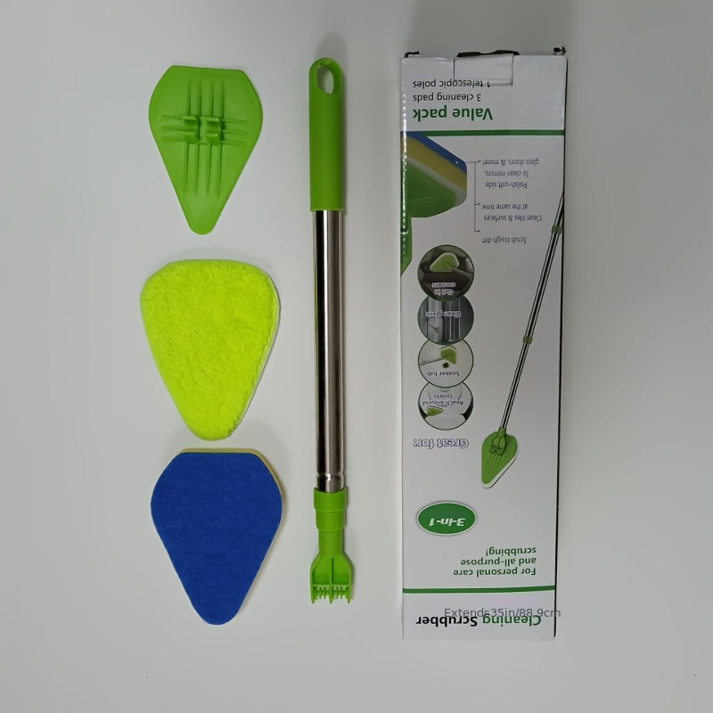 3-Piece Long-Handle Shower Cleaning Brush Set Extendable Sponge Hard Brush Bathroom Kitchen