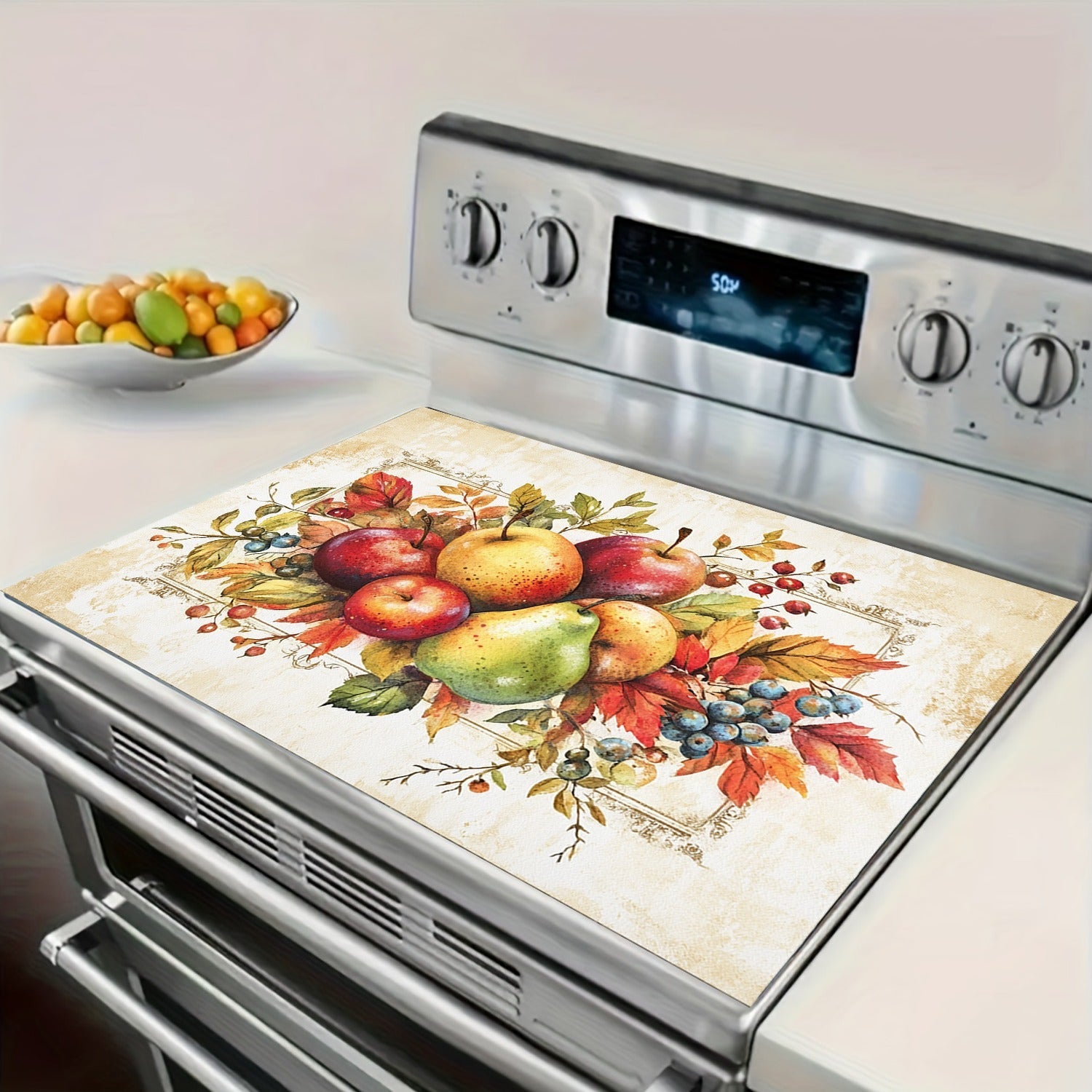 Элегантная верхняя панель газовой плиты с очаровательным дизайном на фруктовую тематику, устойчивая к воздействию тепла и царапинам, идеально подходит для современных кухонь.