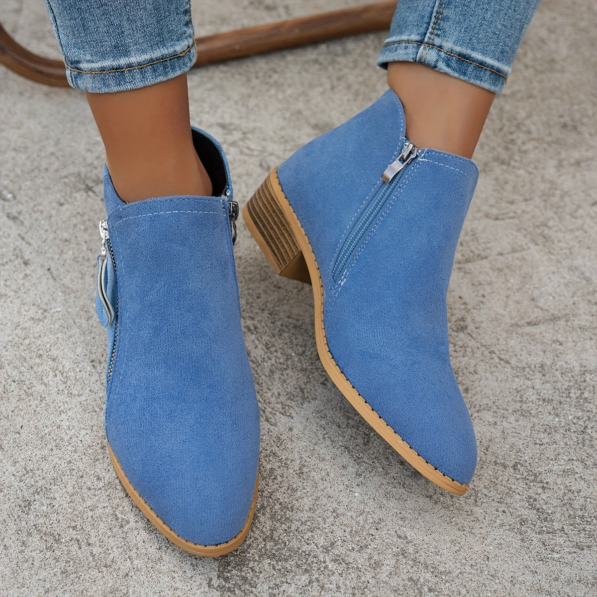 Women's Ankle Boots Solid Color Pointed Toe Mid-Heel Casual Slip-Ons