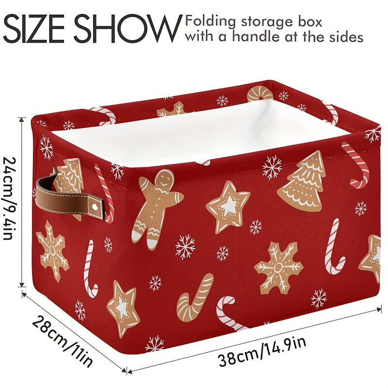 Festive Candy Cane Snowflake Storage Basket Waterproof Canvas Foldable Faux Leather Handle Closet Toy Clothing Organizer