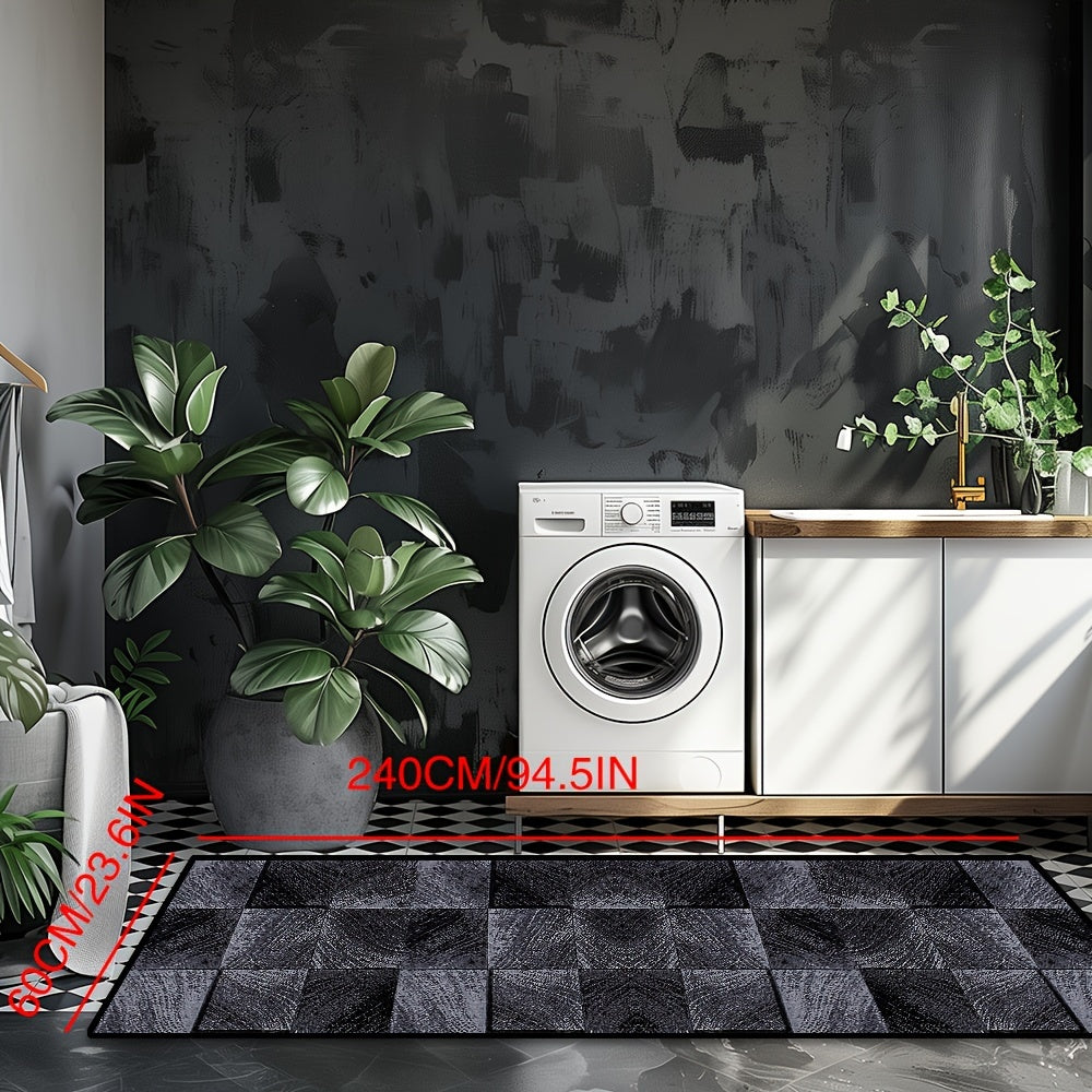 Alfombra de terciopelo a cuadros negra antideslizante lavable a máquina para pasillo y sala de estar decorativa