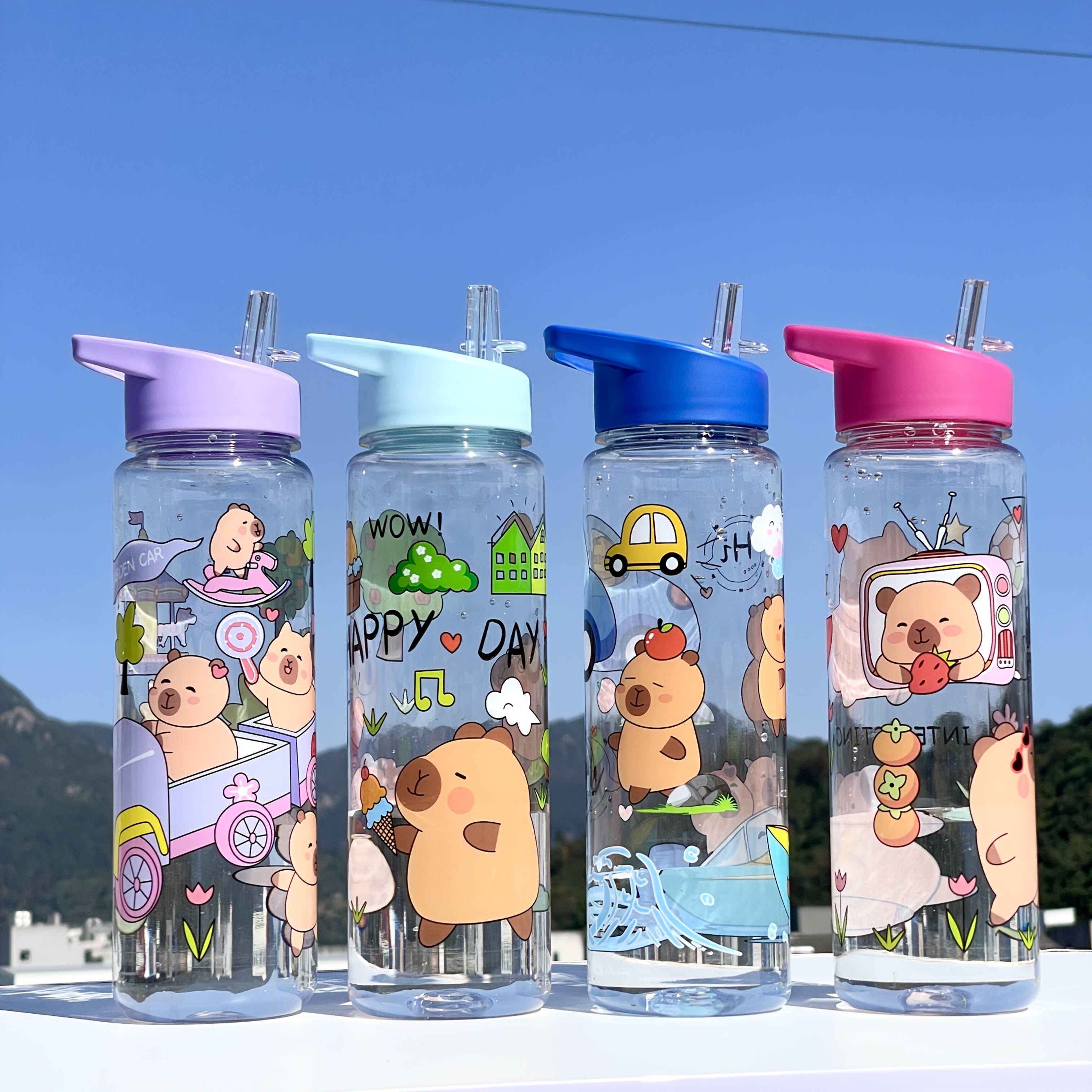 Cute Cartoon Kawaii Water Bottle PVC-Free Plastic Round Lightweight Hand Wash Climbing Sports