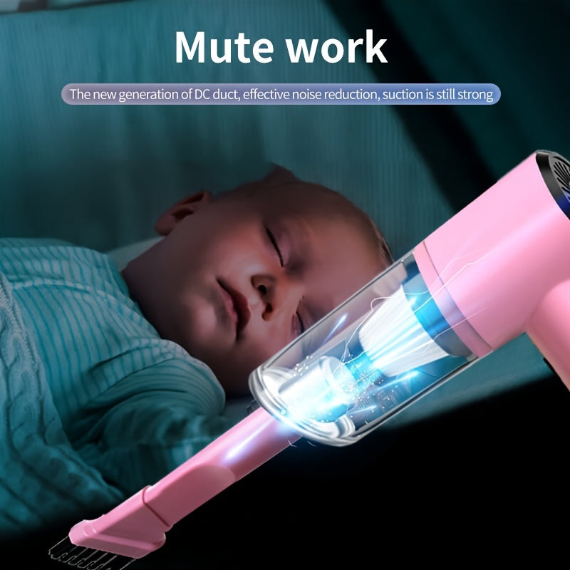 Aspiradora de mano rosa para vehículos, húmeda y seca, con succión para pelo de mascotas
