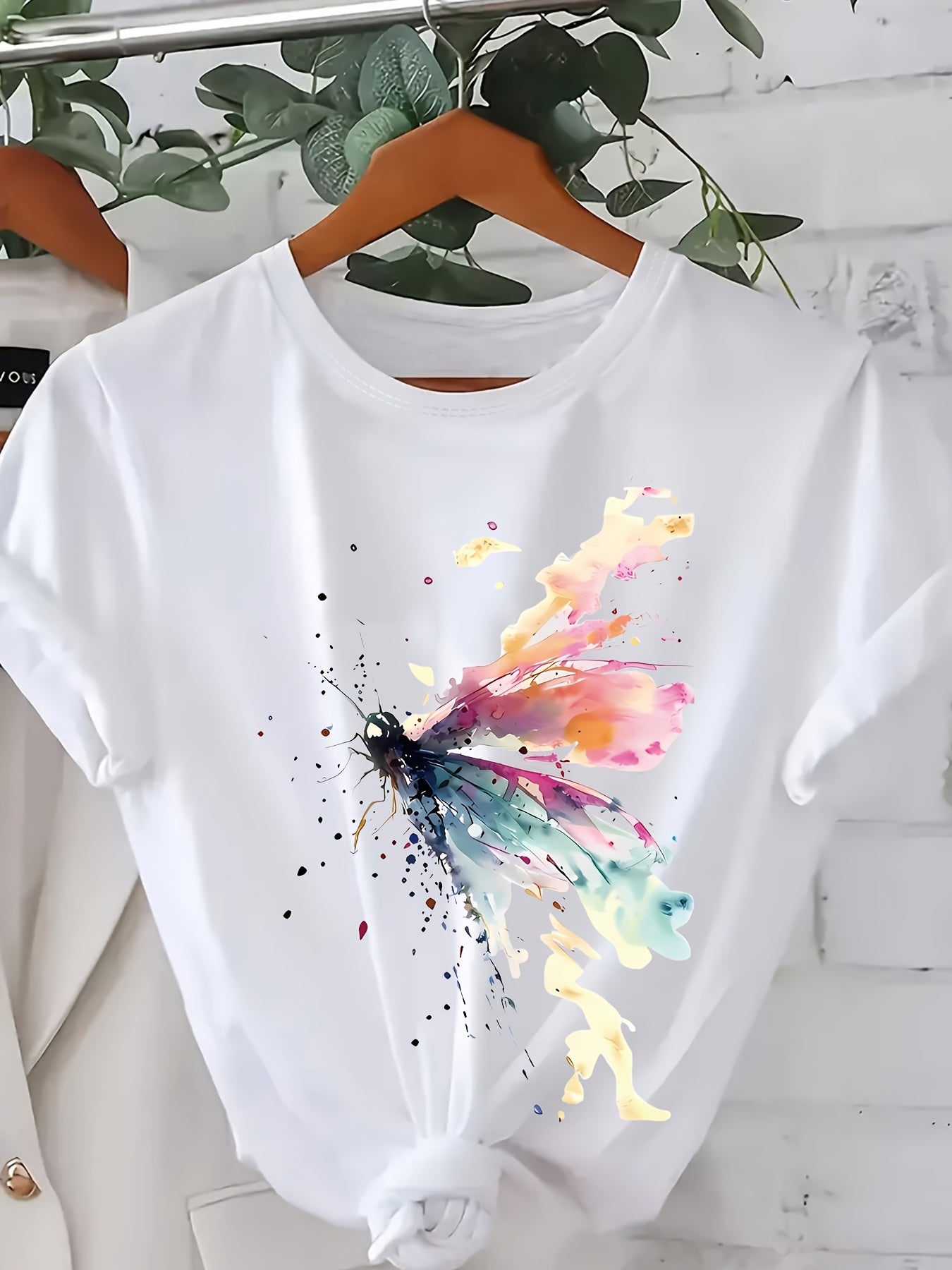 Plus Size Butterfly Print T-Shirt Casual Short Sleeve Crew Neck Top for Summer