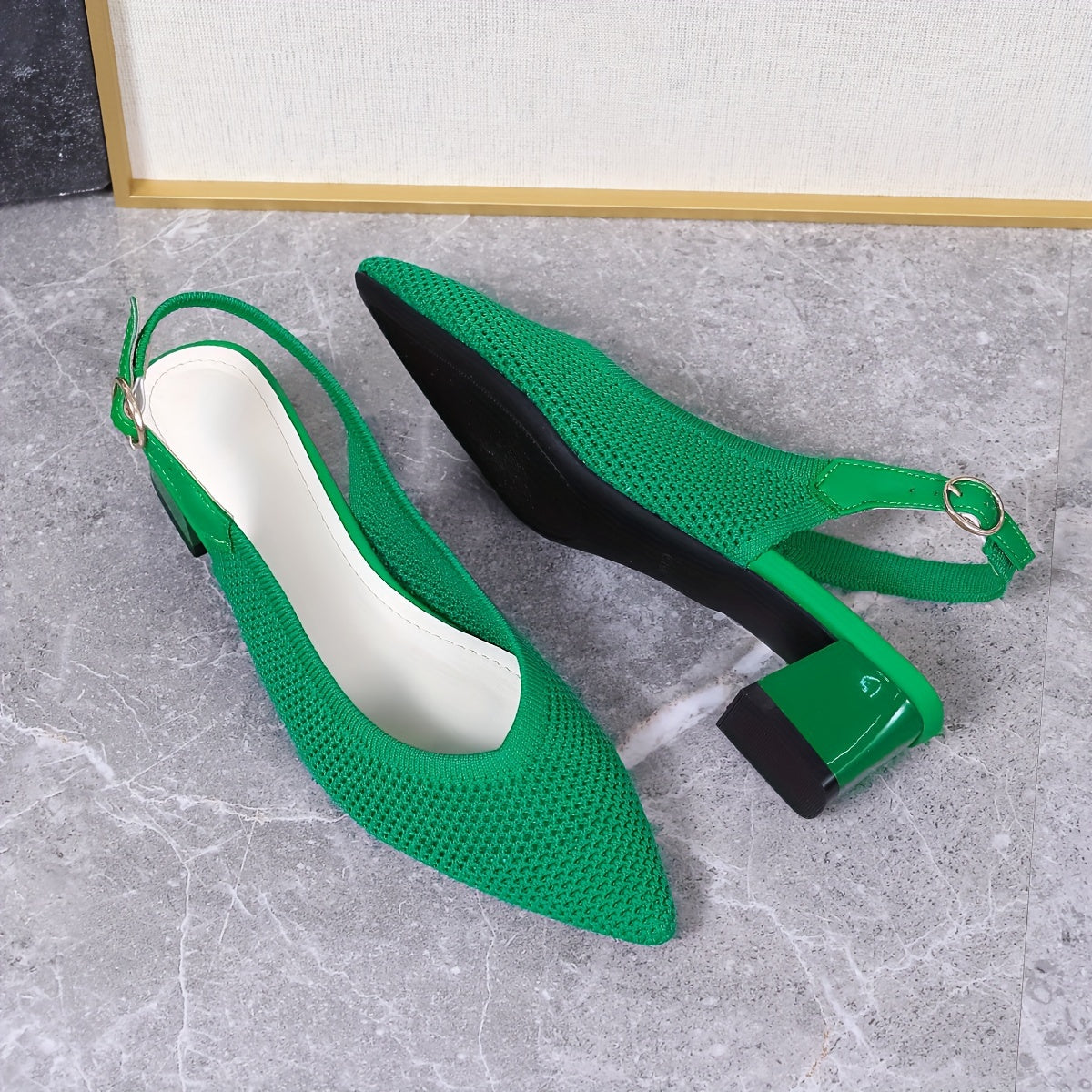 Women's Breathable Fabric Pumps Solid Color Pointed Toe Block Heel Shoes
