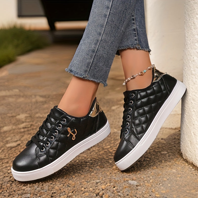Women's White Lace-Up Sneakers Casual Low Tops Durable Rubber Sole