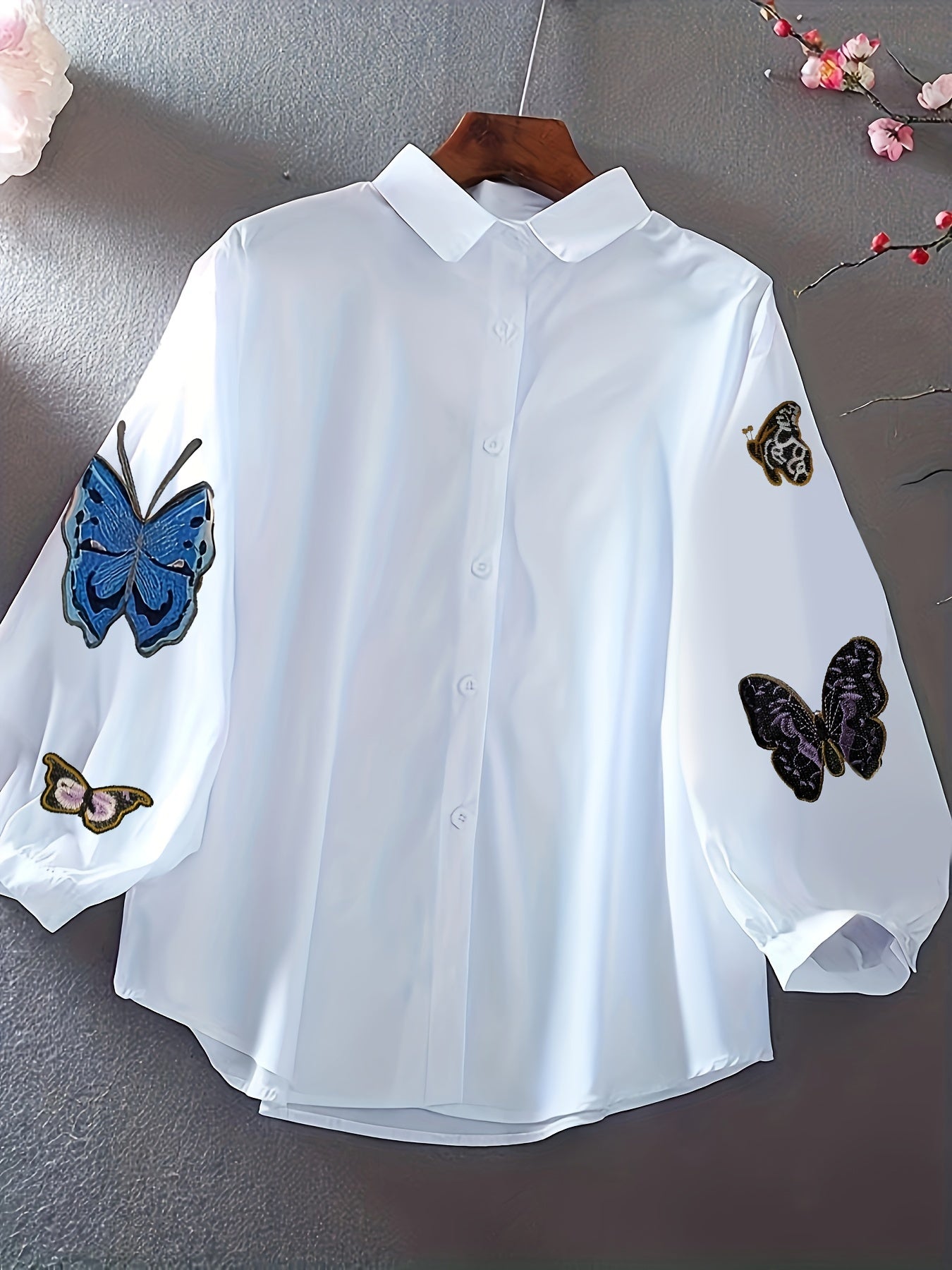 Women's Long Sleeve Butterfly Print Shirt for Spring Summer Polyester Embroidered Elegant