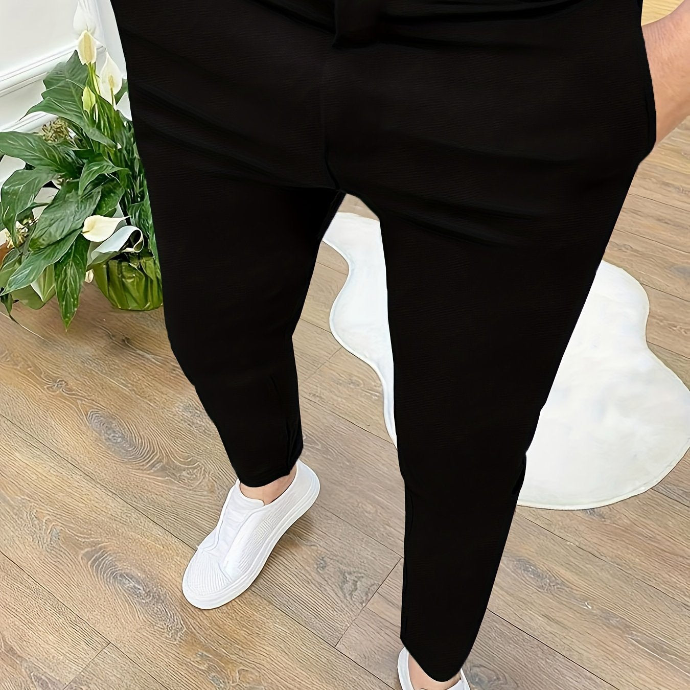 Men's Skinny Fit Polyester Knit Pants with Zipper Detail for All Seasons