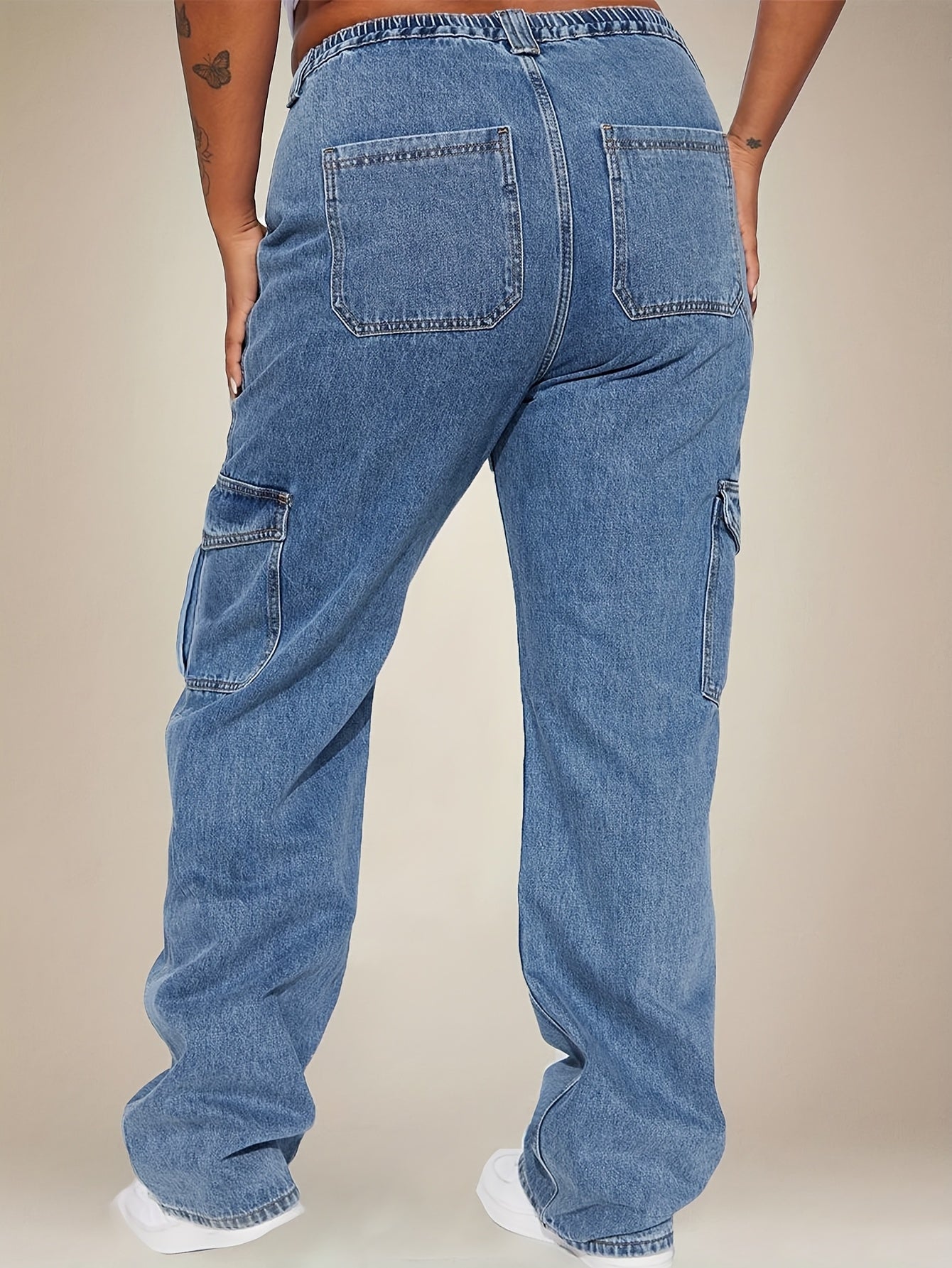 Women's Plus Size Denim Wide Leg Jeans Elastic Waist Multi Pocket Solid Color