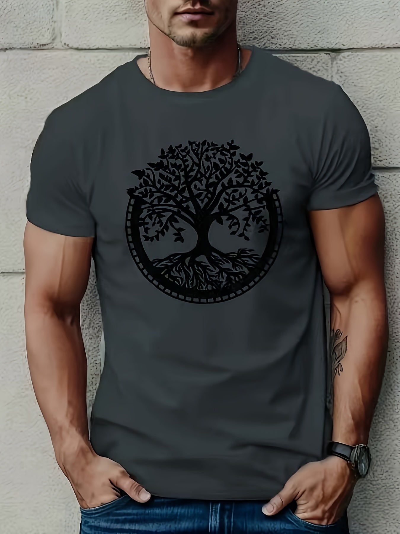 Men's Plus Size Graphic T Shirt with Tree of Life Design Short Sleeve Polyester Blend Casual