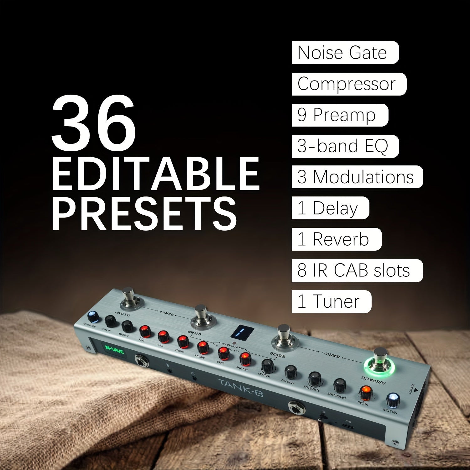 Guitar Effects Pedal Noise Gate 9 Preamp Slots 3-Band EQ Delay Reverb IR Cab Tuner USB Rechargeable