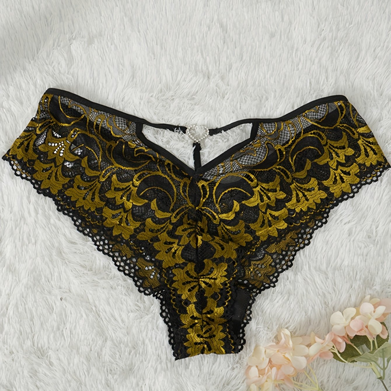 Plus Size Women's Sheer Lace Floral Thong with Heart Design Breathable