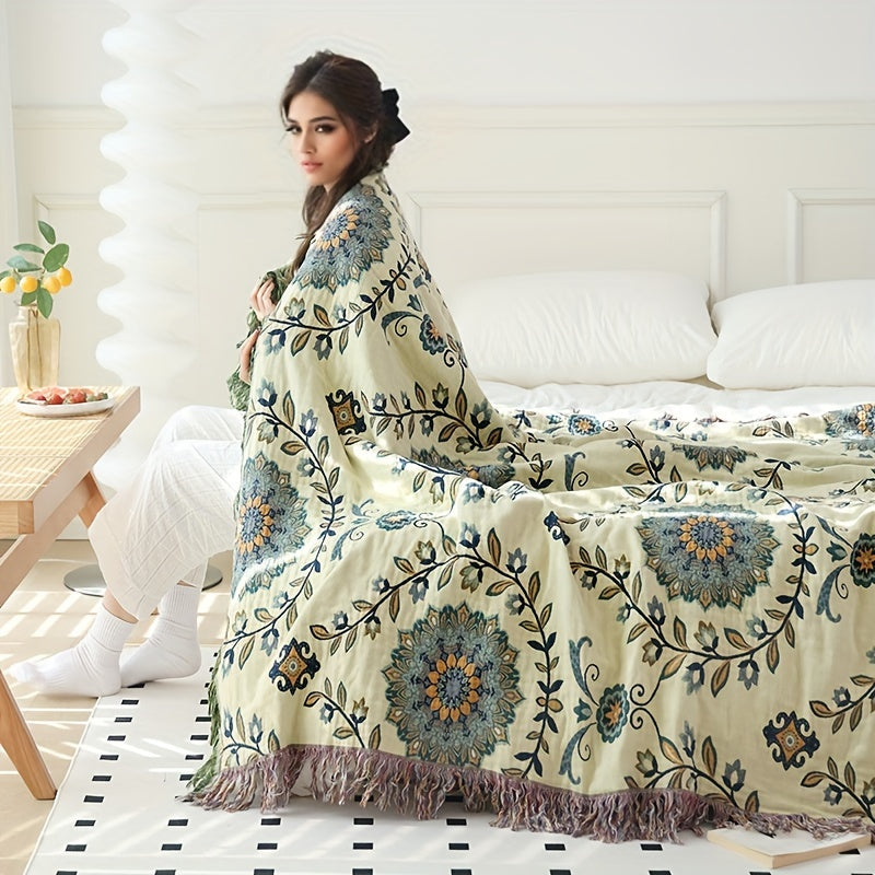 Многослойное хлопковое марлевое одеяло с бахромой, узором из цветов и листьев, для дивана и летнего охлаждения