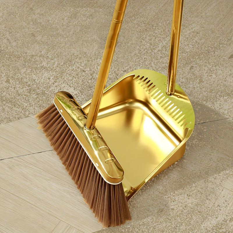 Stainless Steel Broom and Dustpan Set with Serrated Edge Long Handle Indoor Outdoor Cleaning