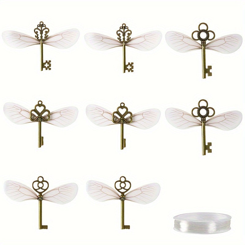 Set of 17 Rustic Metal Key Pendants with Dragonfly Design for Christmas Tree Ornaments or Home Decor