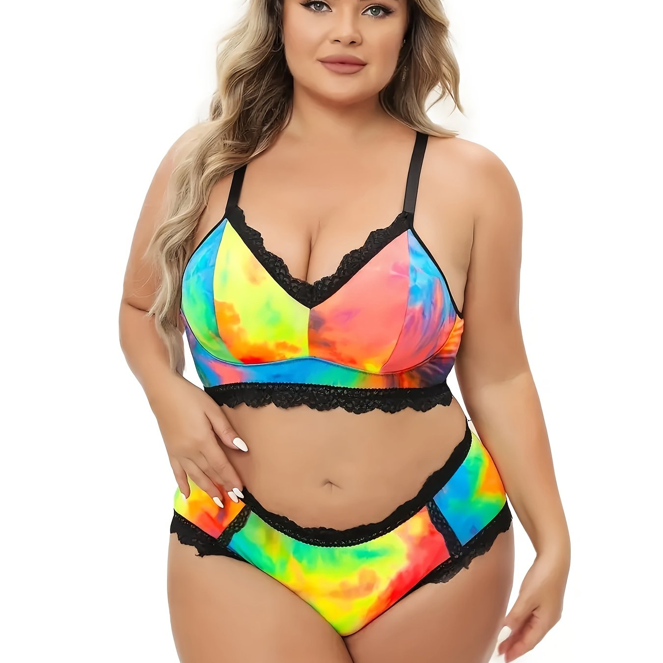 Plus Size Lingerie Set Tie Dye Lace Trim Racerback Bra and Panty