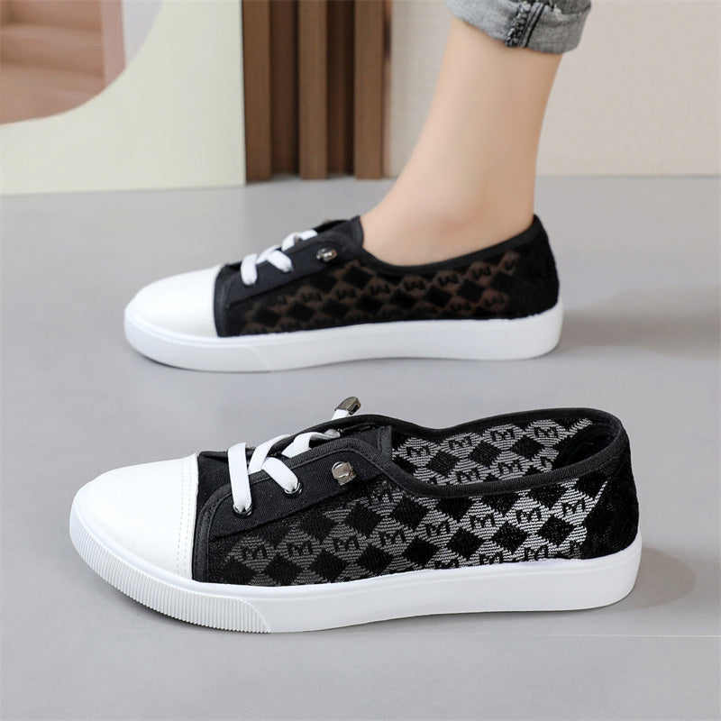 Women's Mesh Sneakers Comfortable Low-Top Lace-Up Shoes Black White