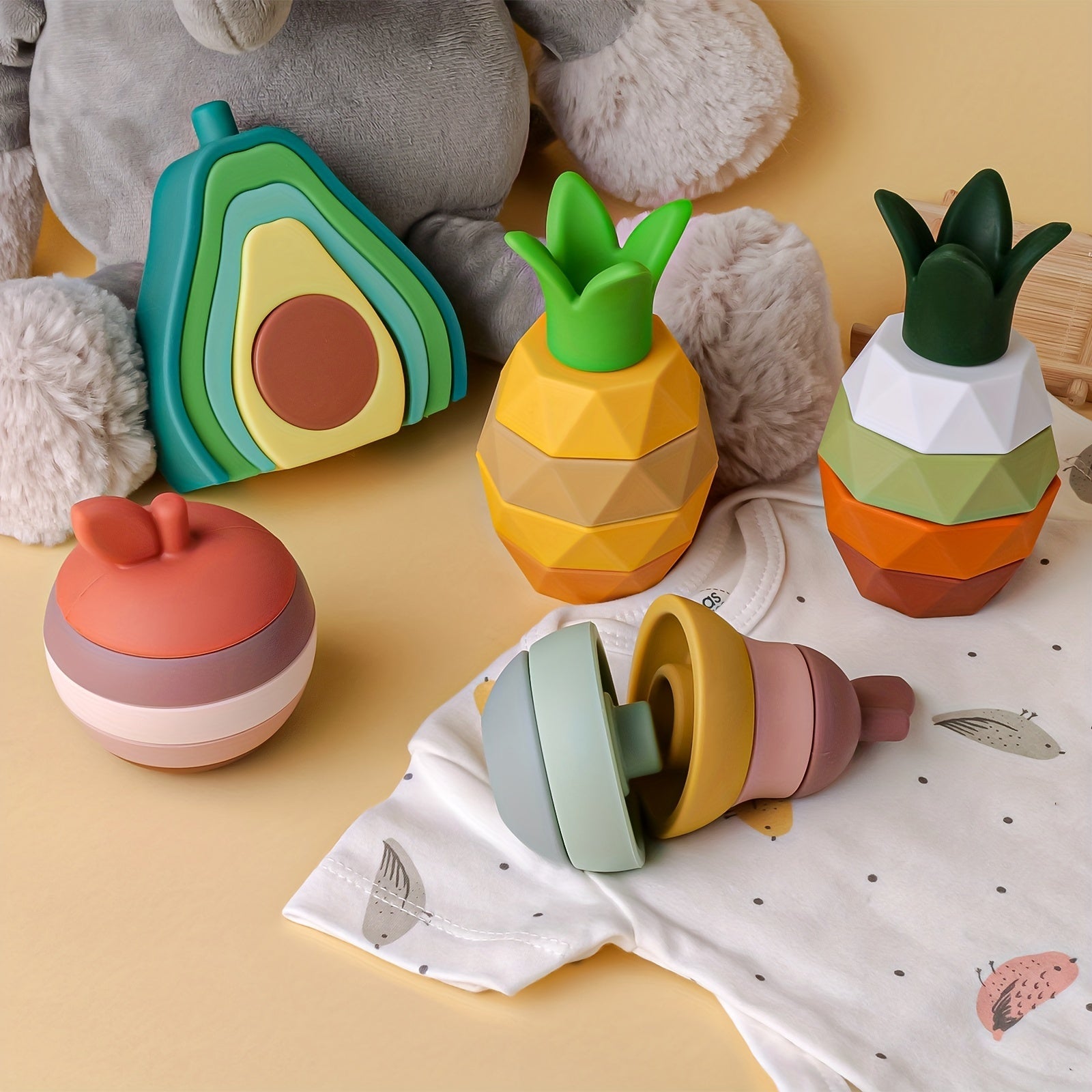 Baby Silicone Stacking Toys Fruit Nesting Blocks BPA-Free Colorful Shape Matching Teething Toy