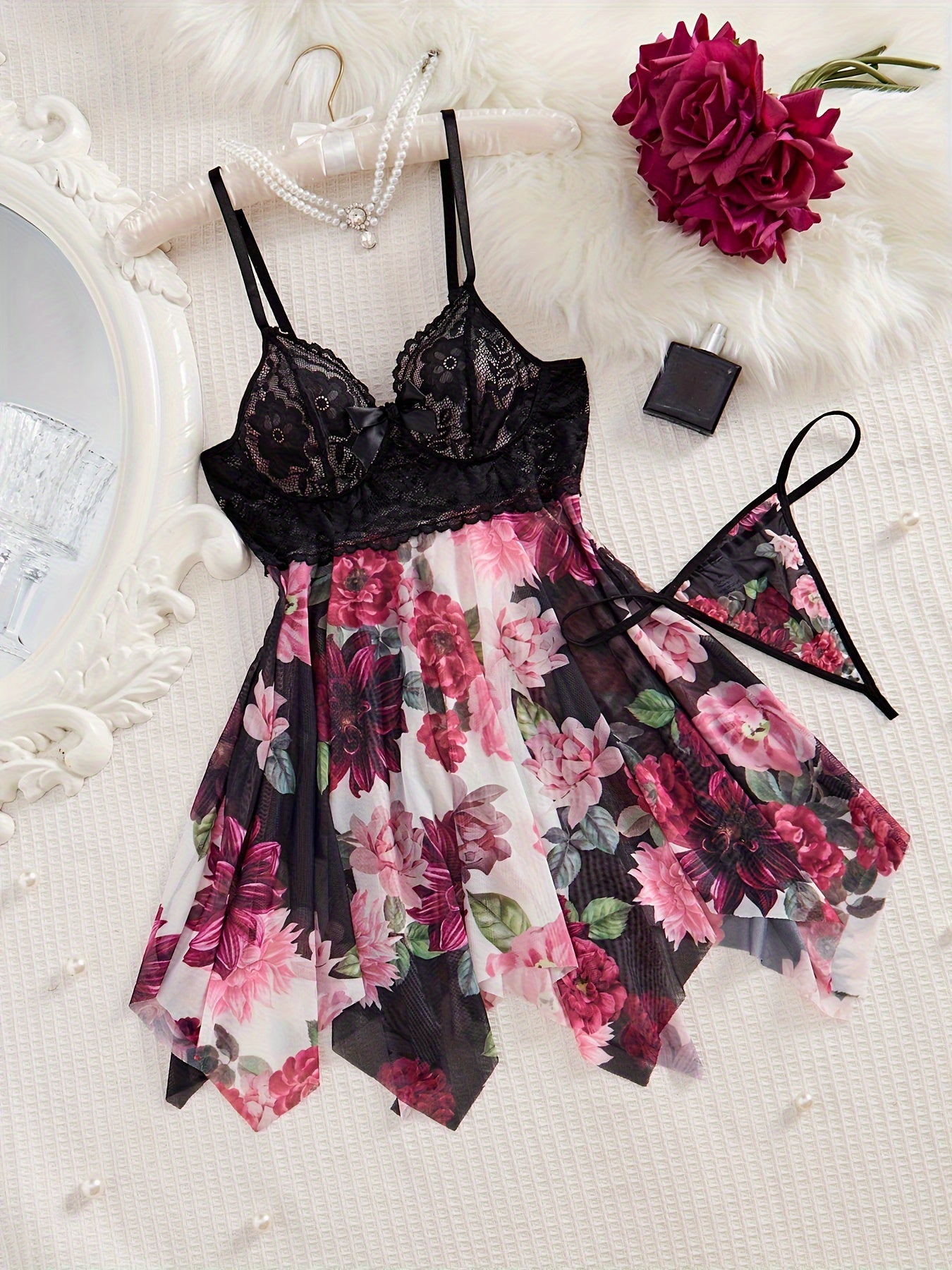 Women's Satin Nightwear Set with Lace Trim and Adjustable Straps