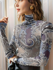Women's Long Sleeve Paisley Print High Neck Polyester Blouse