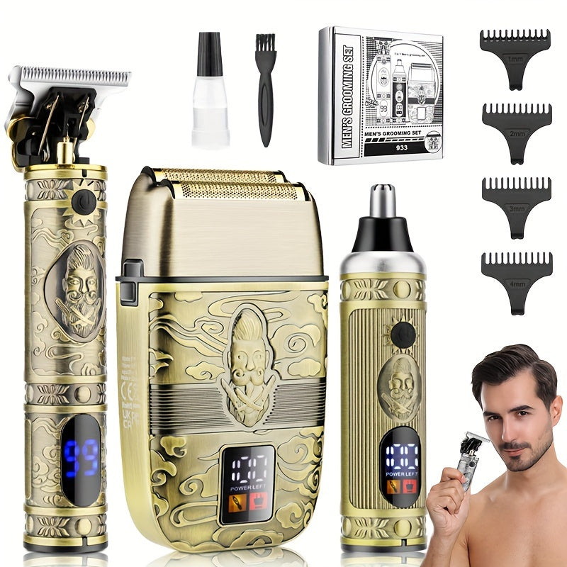 Electric grooming kit with hair clipper shaver nose trimmer 3-piece stainless steel
