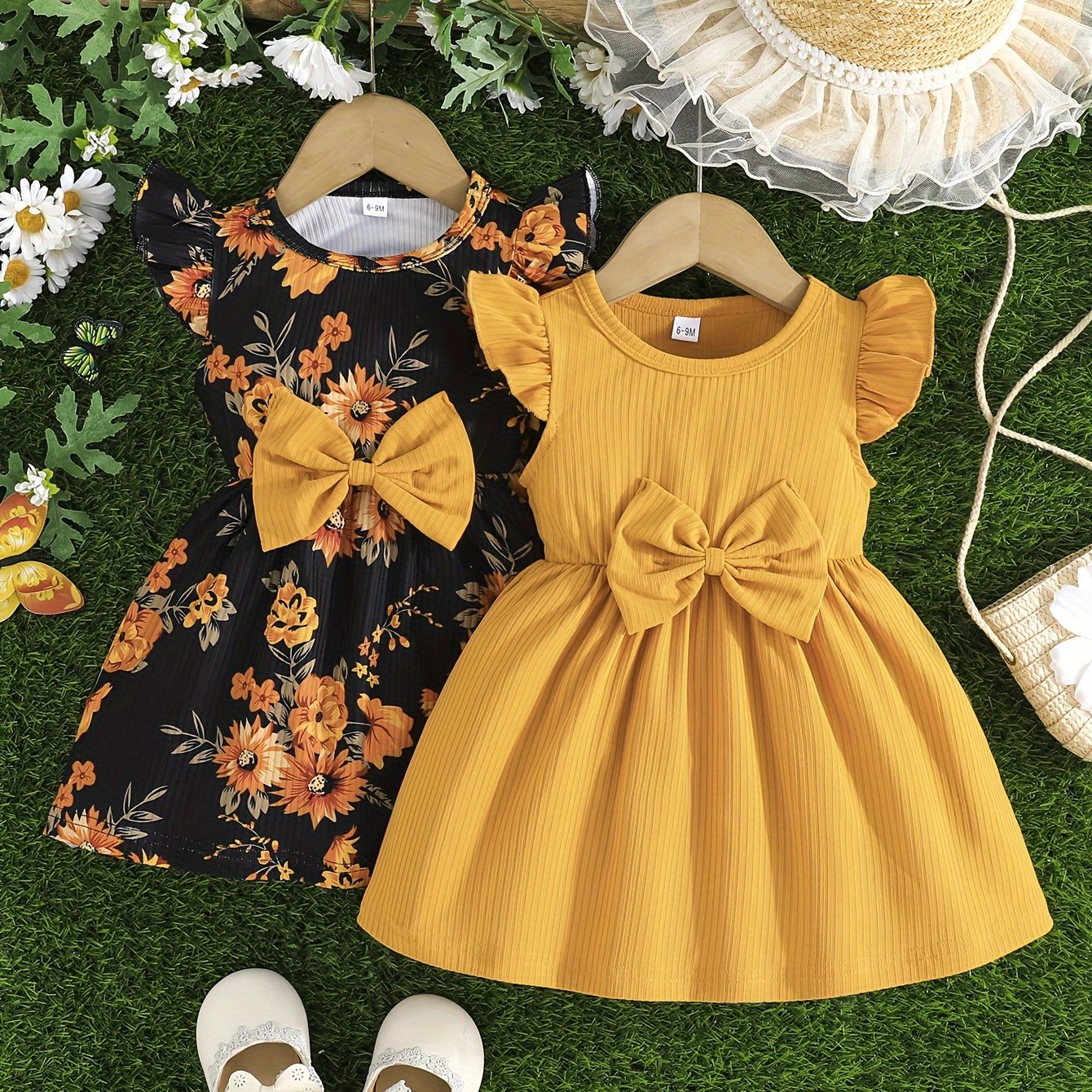 Girls Summer Dress Set with Bow, Heart Pattern, Polyester, 0-3 Years