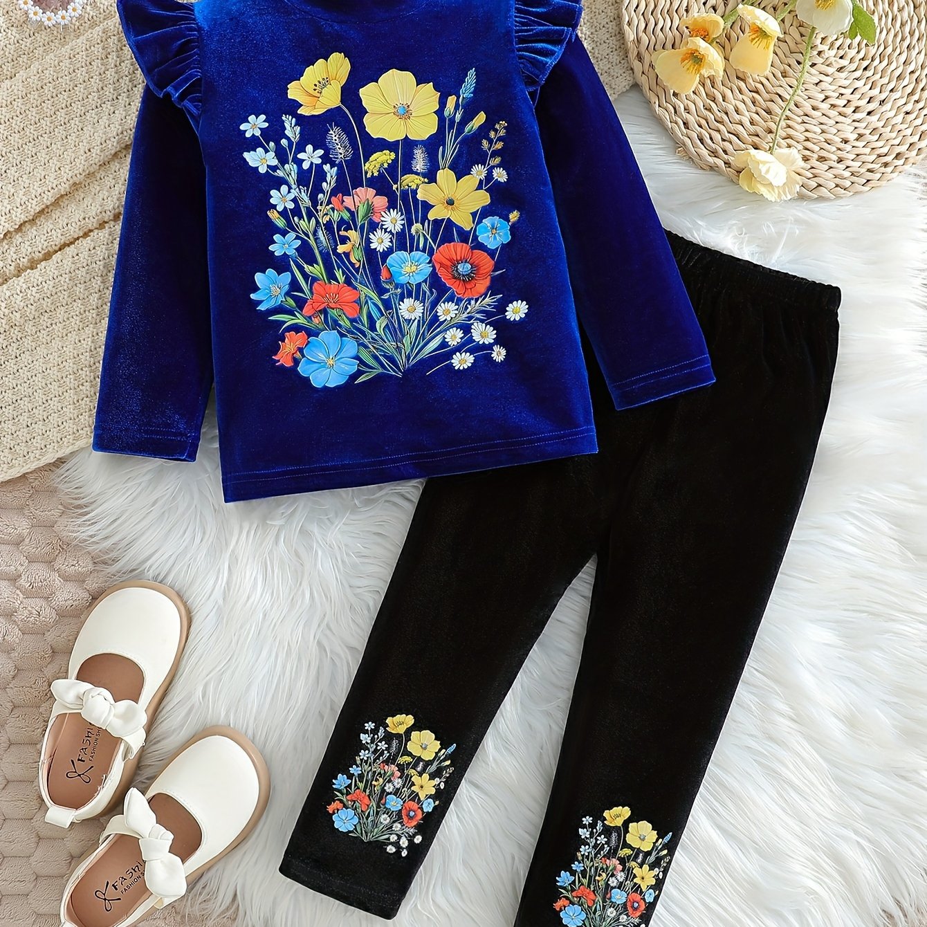 Conjunto de blusa y pantalones con estampado floral para niñas para ropa casual de primavera y verano