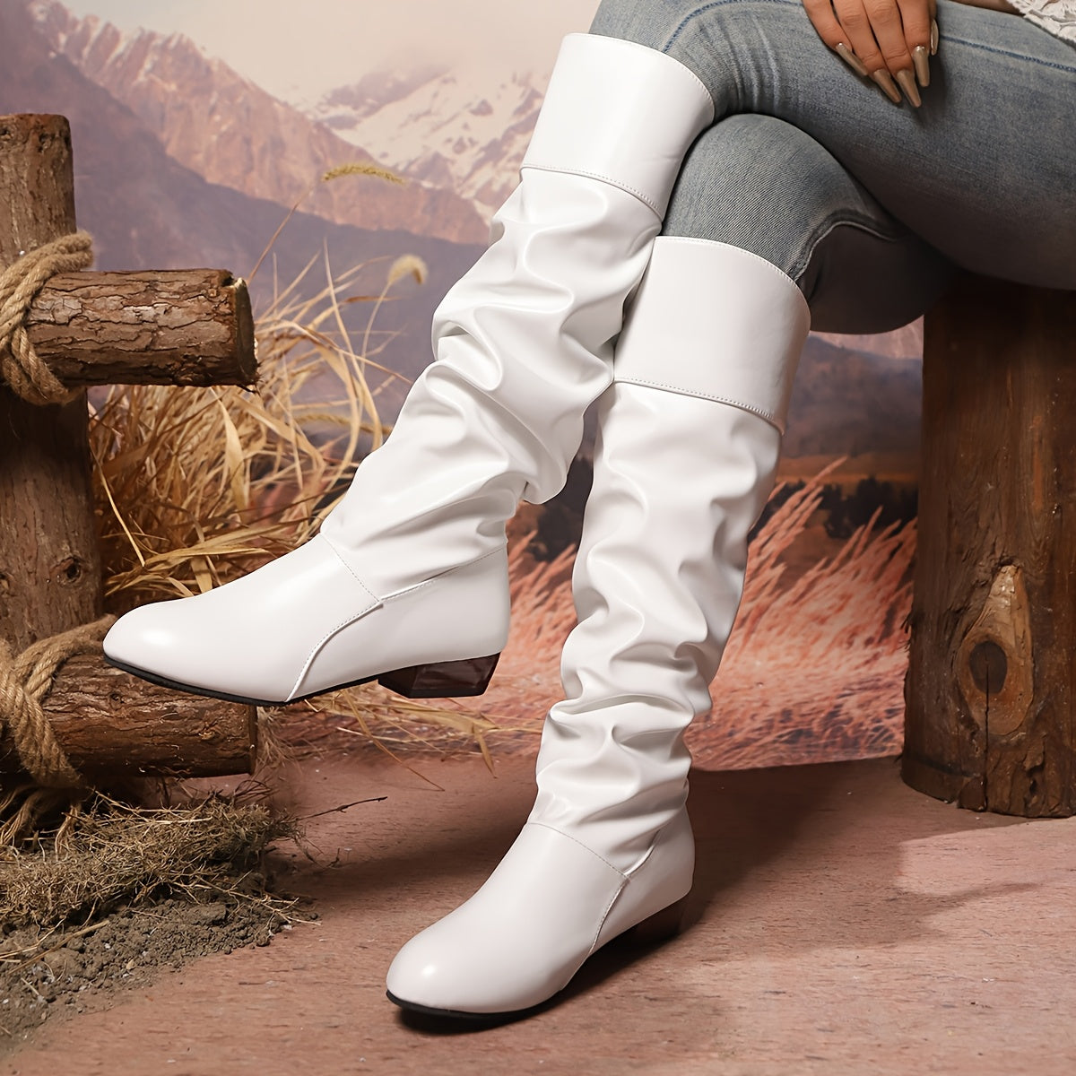 Women's Solid Color Chunky Heel Knee High Boots Slip-On Dress Shoes