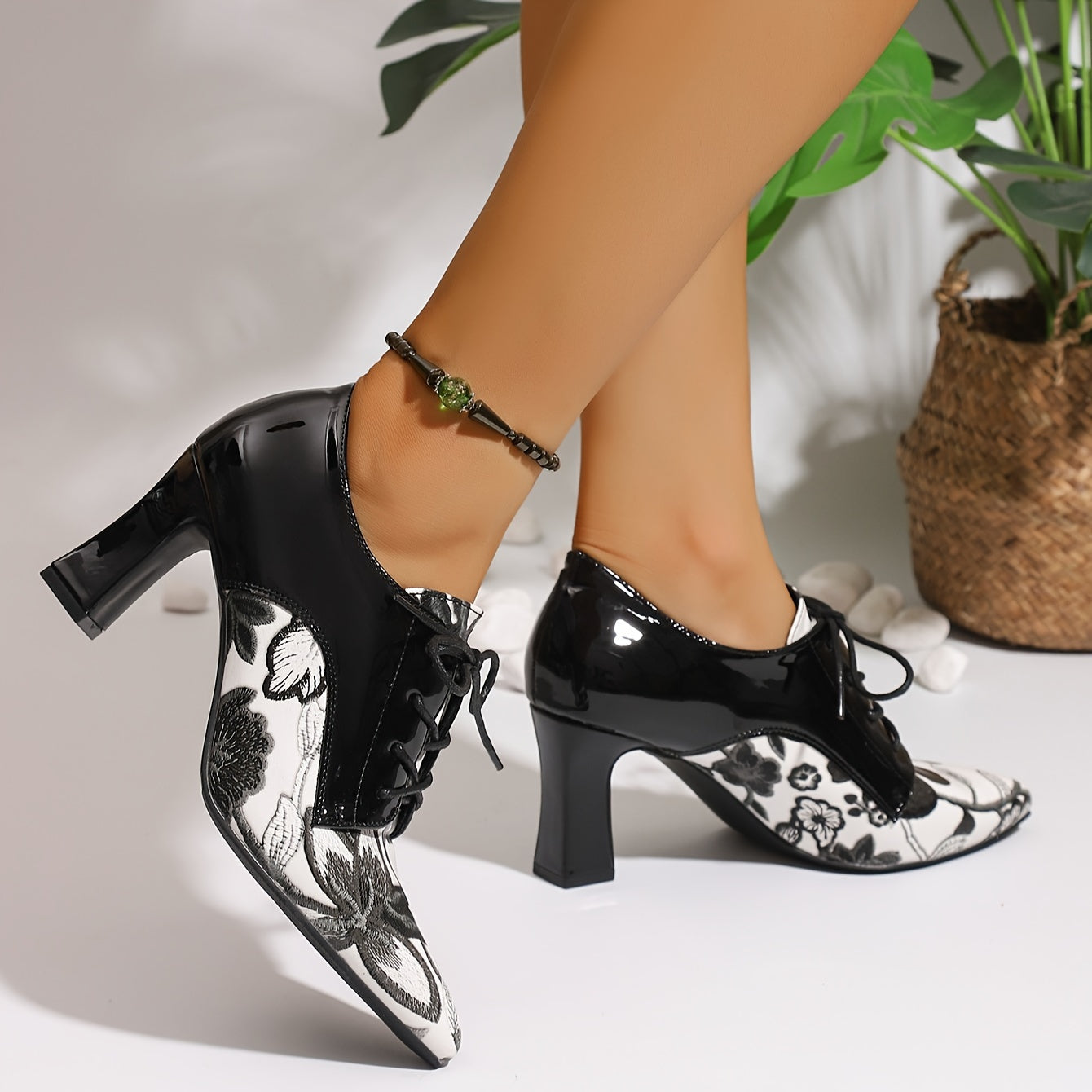 Women's High Heel Pointed Toe Lace-Up Mary Jane Shoes with Floral Pattern