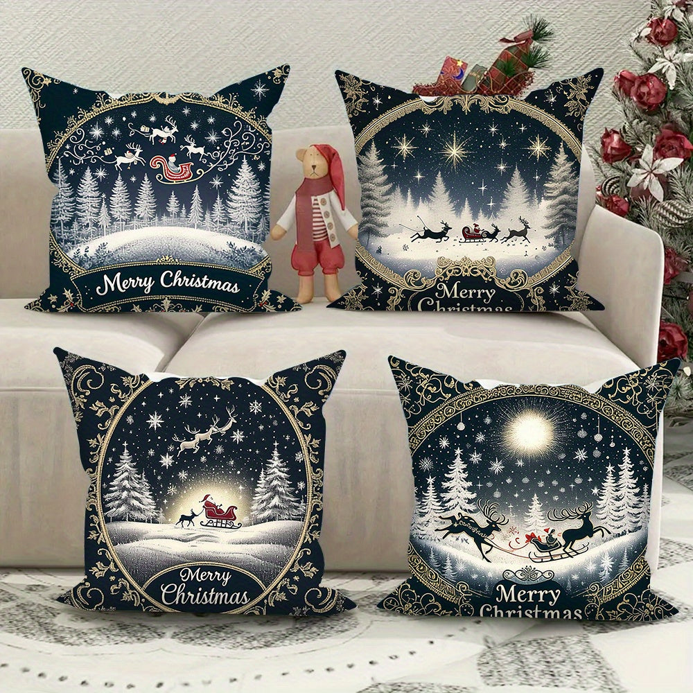 Set of 4 Christmas Throw Pillow Covers Santa Reindeer Plush 45.72cm Machine Washable