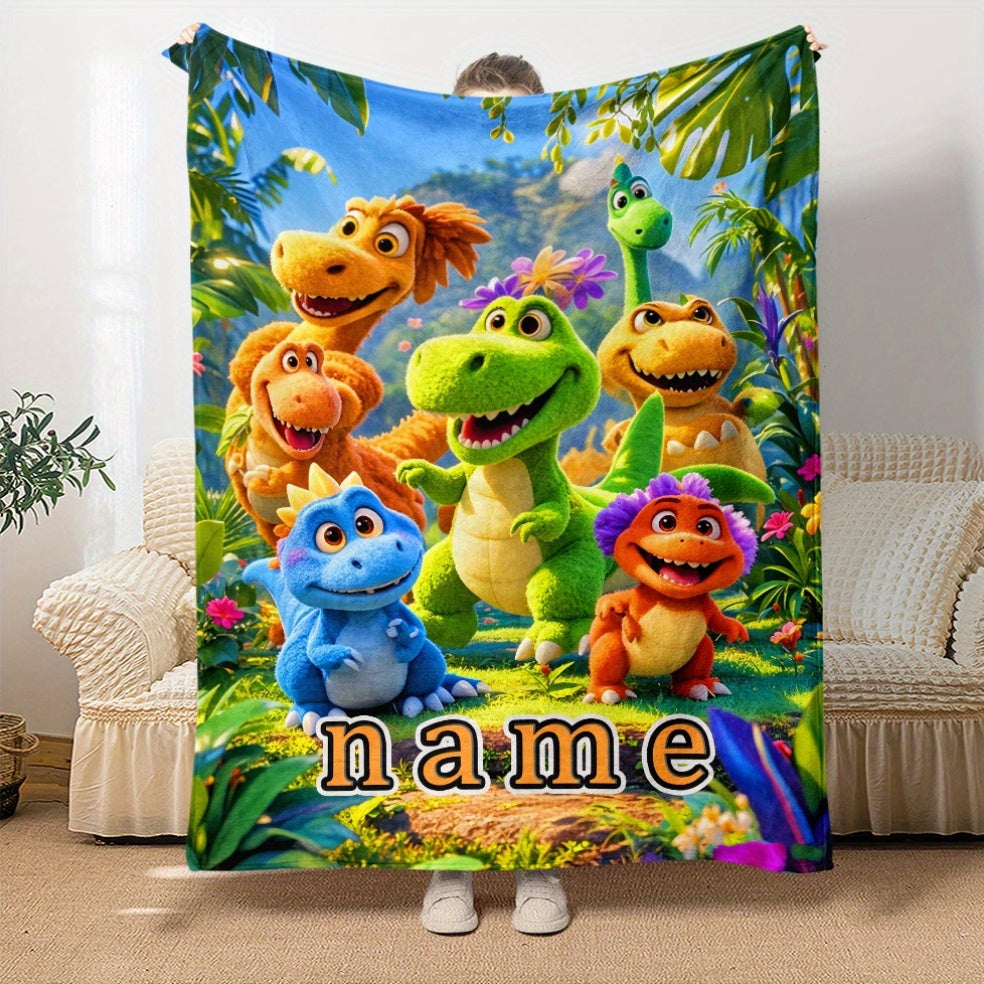 Personalized Fleece Blanket with Custom Name and Cartoon Dinosaur Print Lightweight Flannel Throw for Sofa Bed Travel Living Room Office