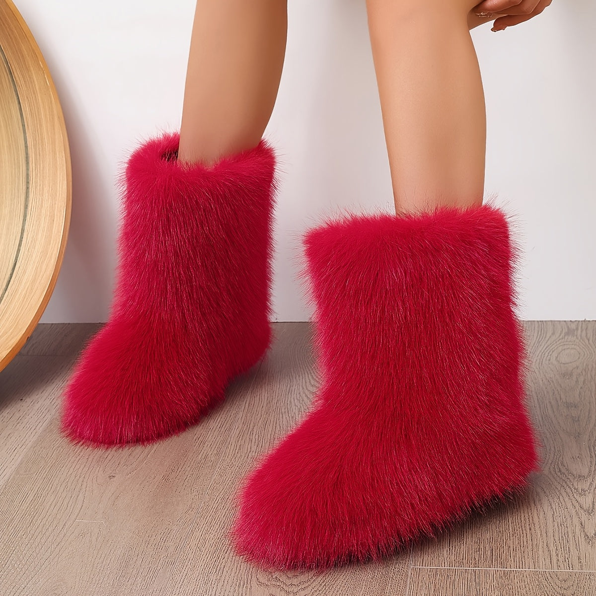 Women'S Winter High-Top Boots Faux Fur Mid-Calf Flat-Heeled Warm Shoes