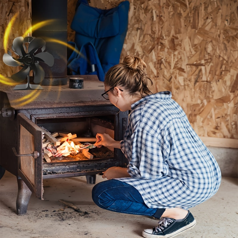 Black Aluminum Fireplace Fan 6-Blade Silent Heat Distribution Winter Gift