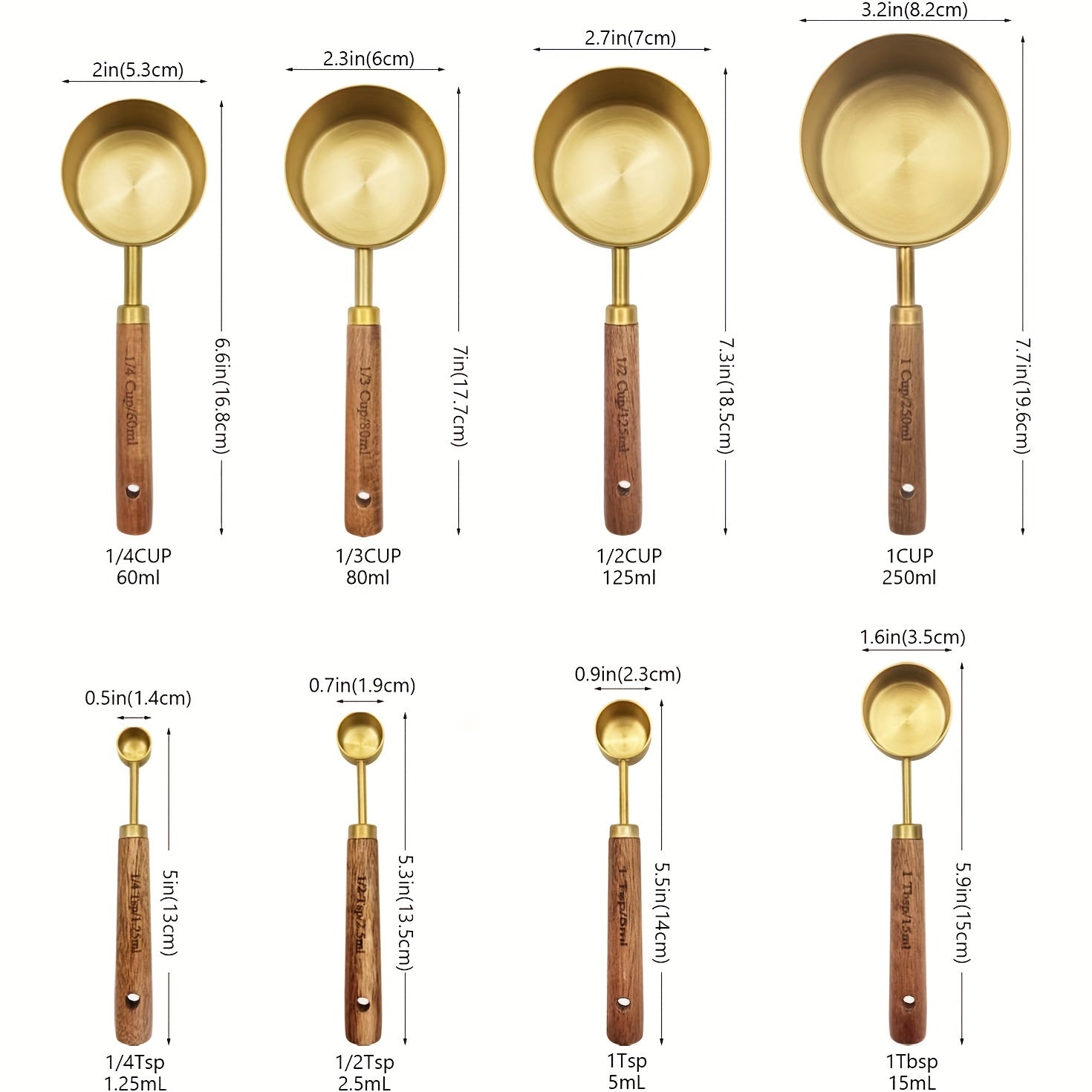 Set of 8 Golden Stainless Steel Measuring Cups and Spoons with Wooden Handles