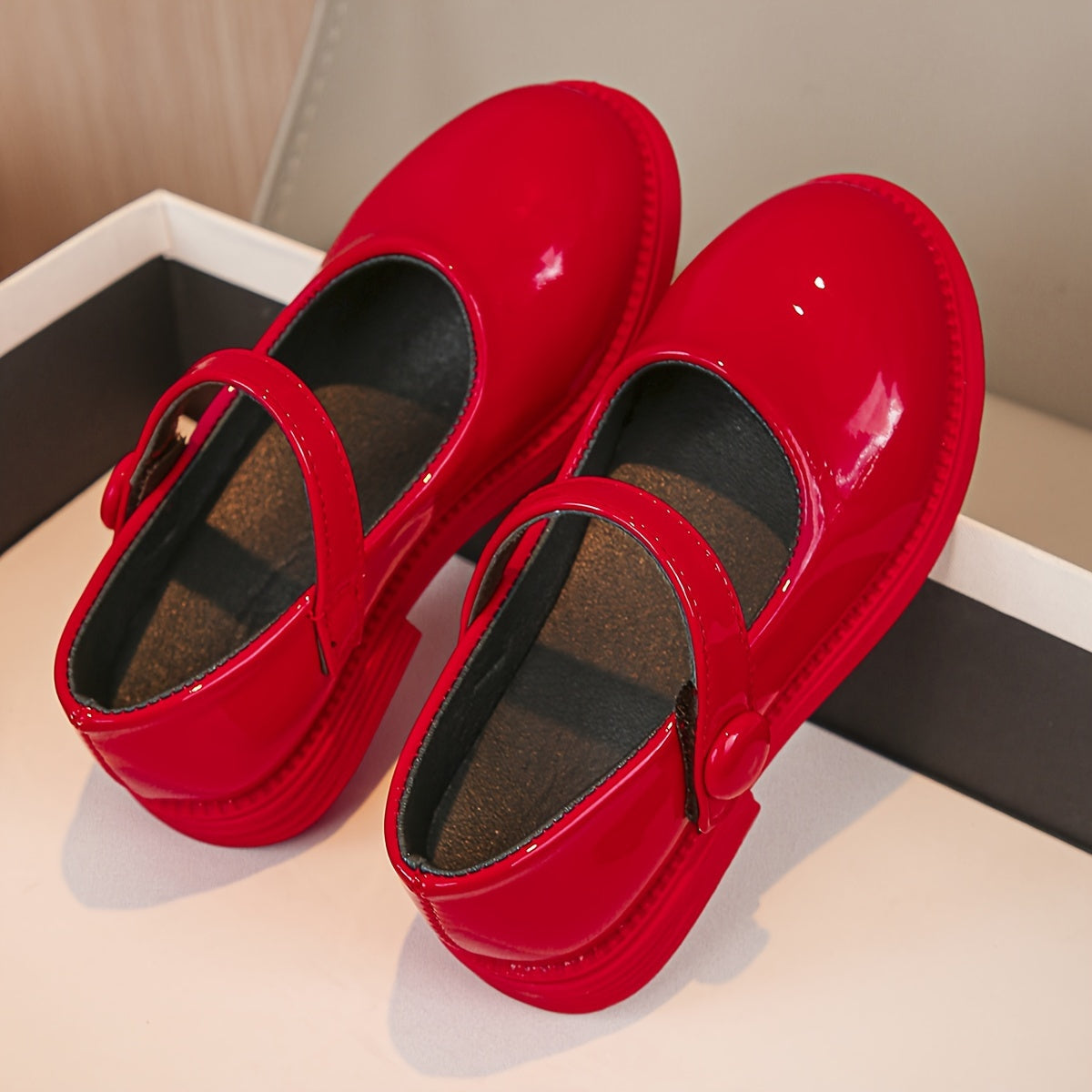 Zapatos Mary Janes para niñas PU de color sólido con suela plana y cierre de gancho y bucle