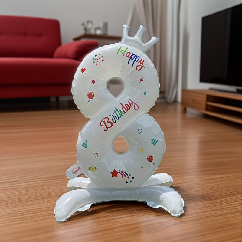White 32-Inch Crown Number Balloon with Colorful Designs for Birthday Party
