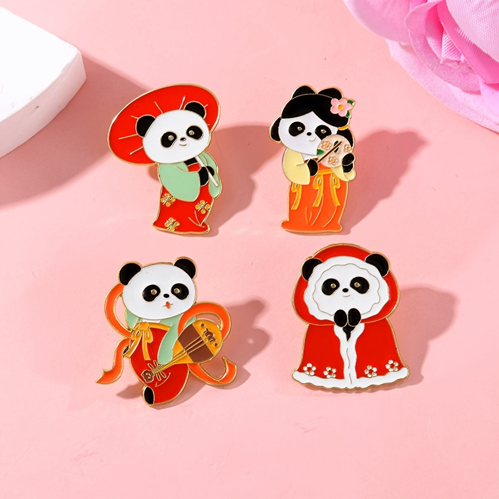 Set of 4 Panda Enamel Pins Cartoon Animal Brooches Alloy Lapel Bag Badges Jewelry Gift