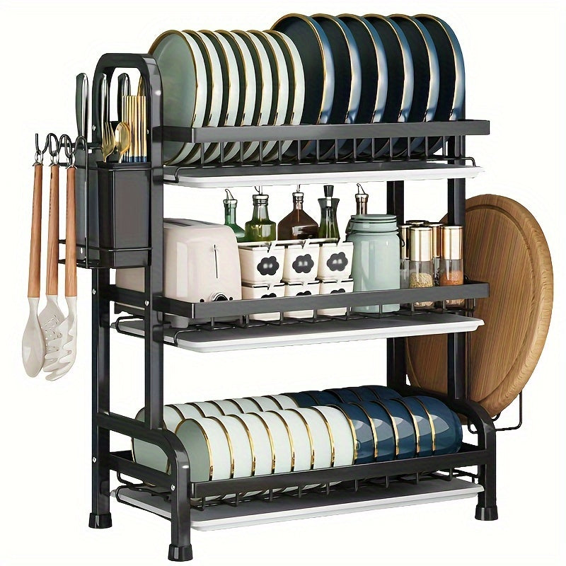 3-Tier Black Dish Drying Rack with Drainboards Utensil and Cutting Board Holders Kitchen Counter Organizer