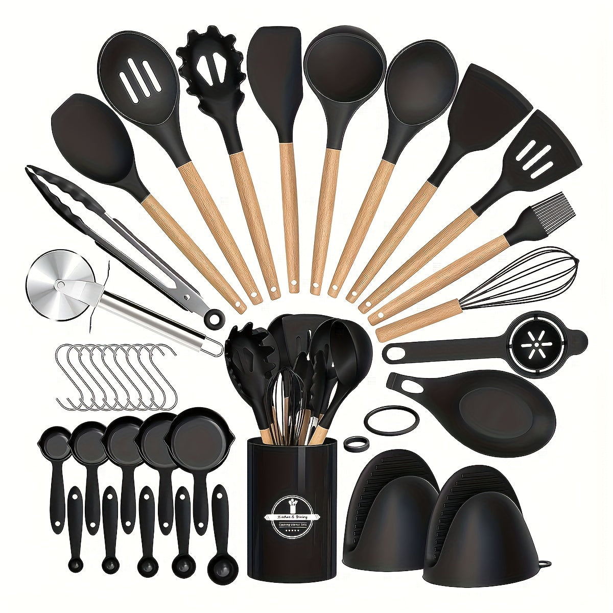 36-Piece Silicone Kitchen Utensil Set with Wooden Handles, Heat-Resistant Non-Stick Tools