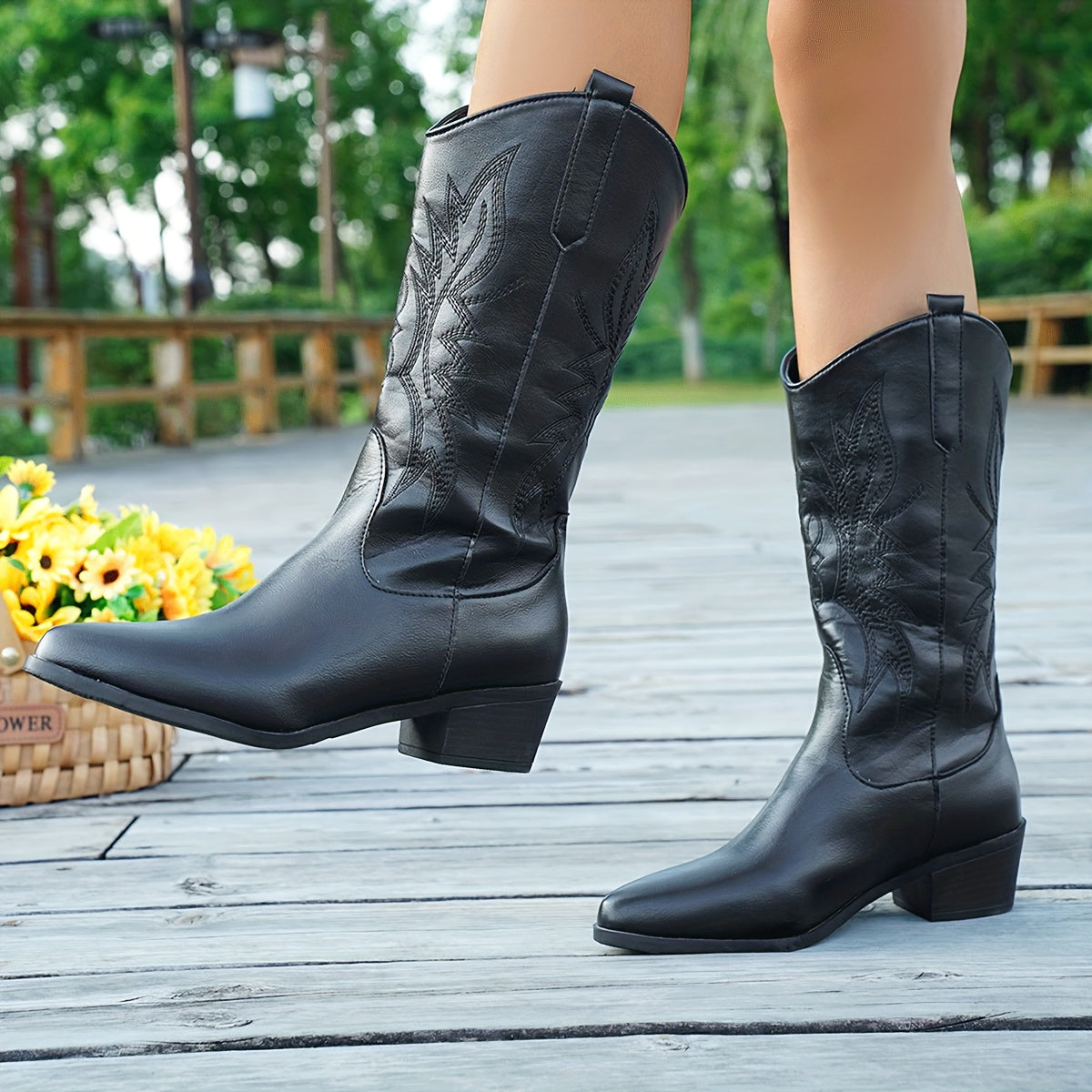 Women's Western Cowboy Boots Slip-On Pointed Toe Mid-Calf Brown Faux Leather Festival Shoes