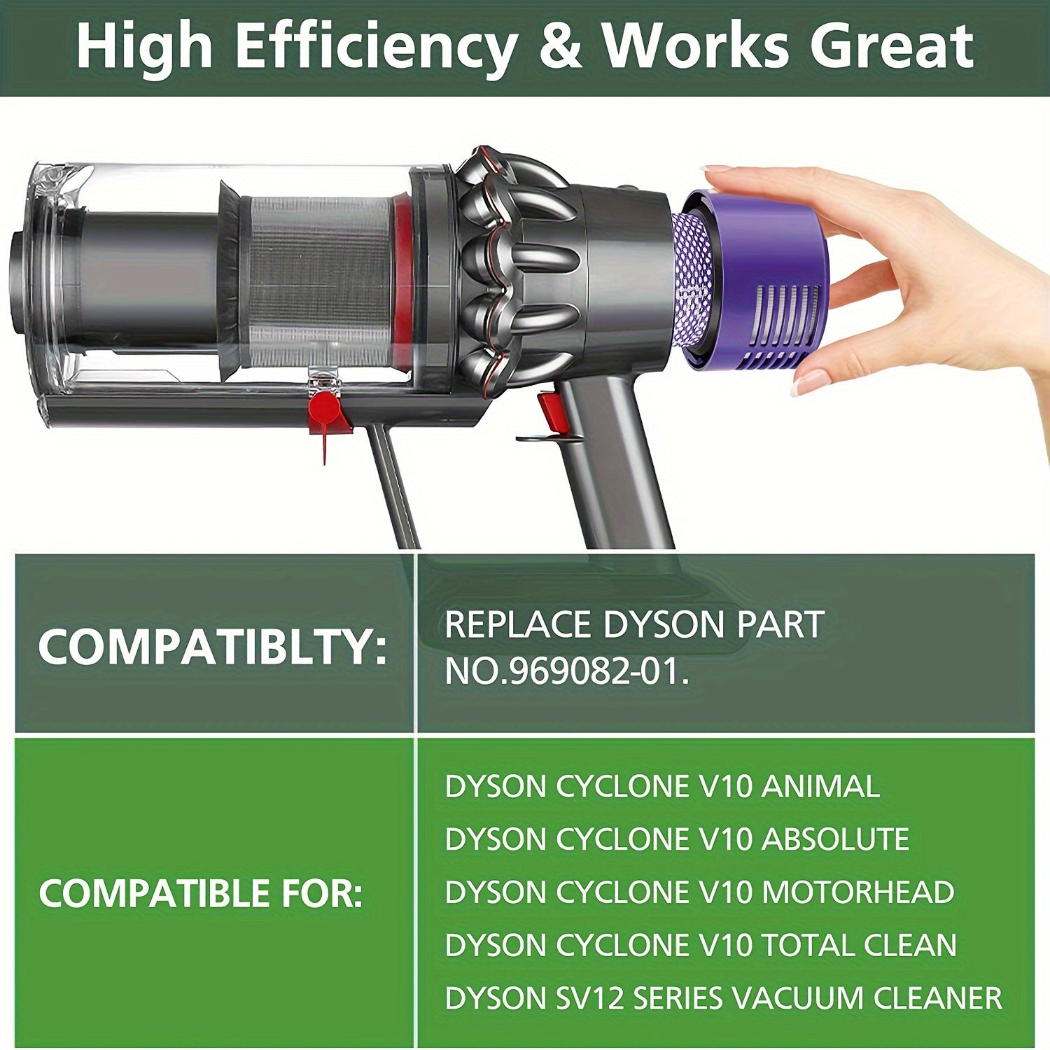 Dyson Cyclone V10 vakuumlari uchun, jumladan Absolute, Animal, Motorhead, Total Clean va SV12 modellari uchun almashtirish V10 filtrlarining juftini oling. Ushbu filtrlar # 969082-01 qismini almashtiradi.
