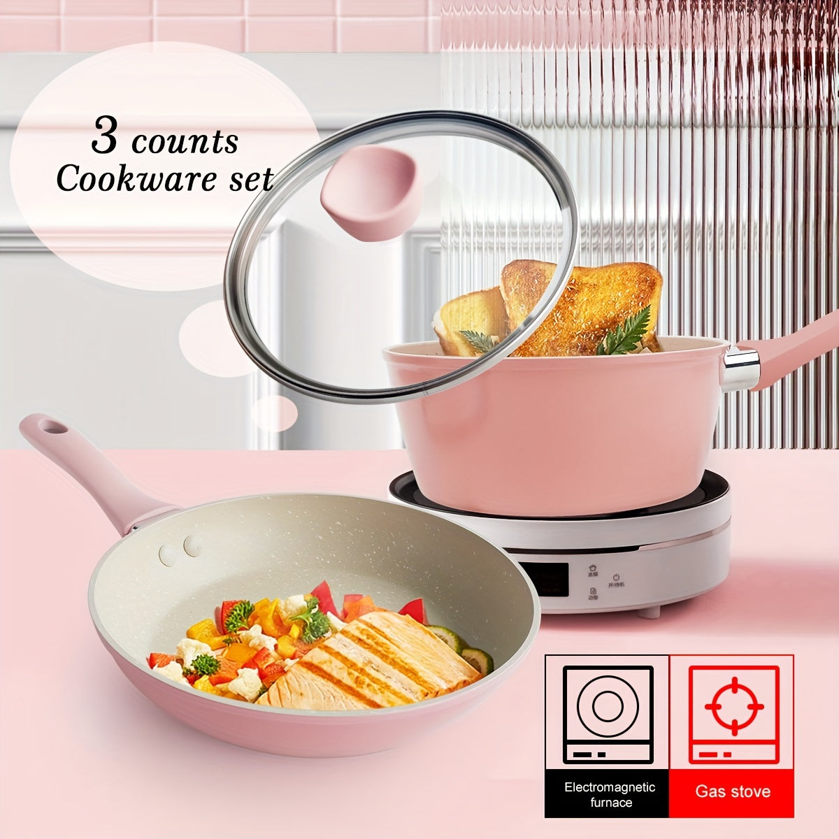 Uchta yopishqoq alyuminiy idishlar to'plami, mustahkam va issiqlikka chidamli bo'lishi uchun mo'ljallangan. Ushbu qozonlar va skovorodkalar tozalash oson, ovqat tayyorlashni osonlashtiradi. Ular elektr, induksiya va gaz pechlari bilan mos keladi.