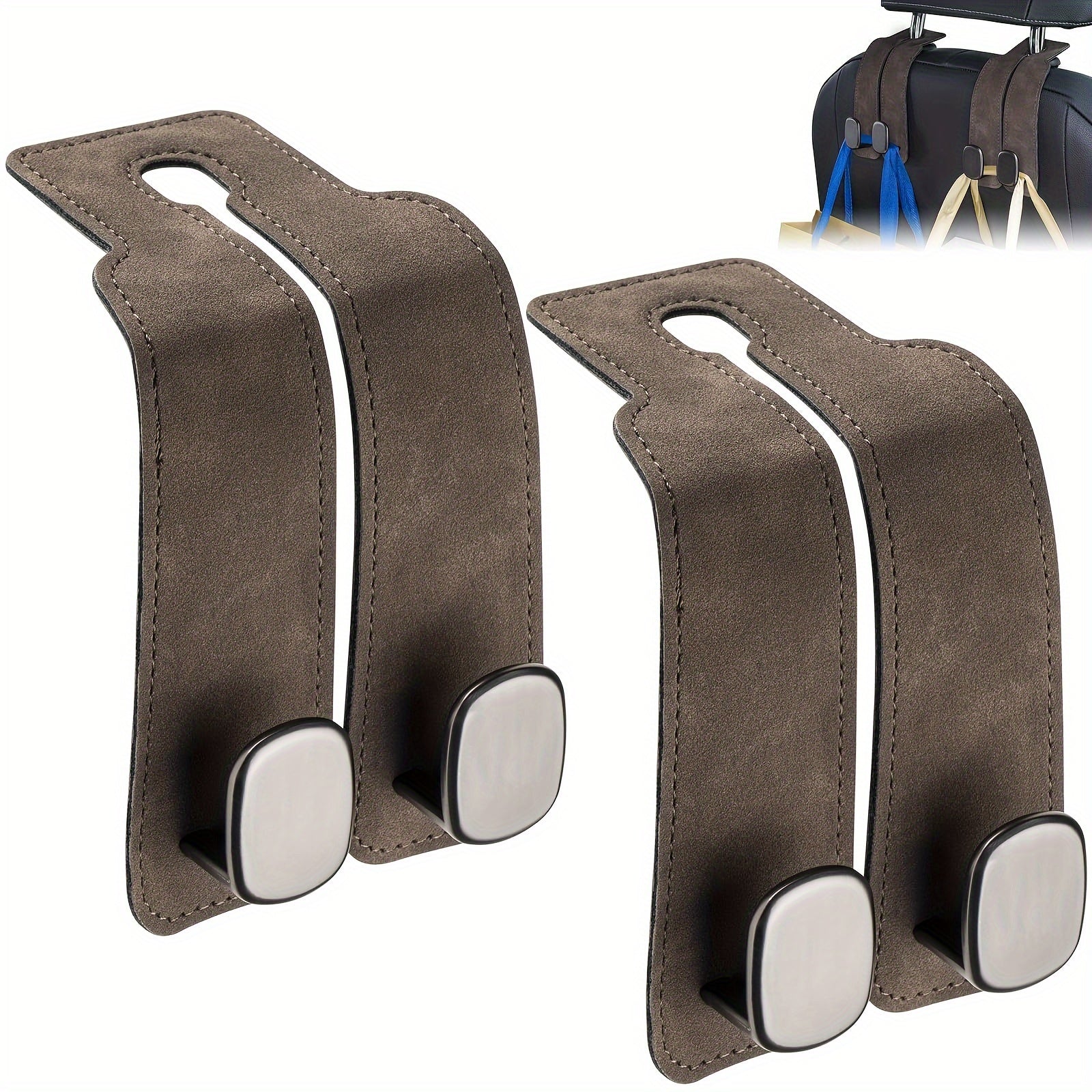 Car Seat Back Hooks Black Red Stitch Synthetic Leather 2 Pack