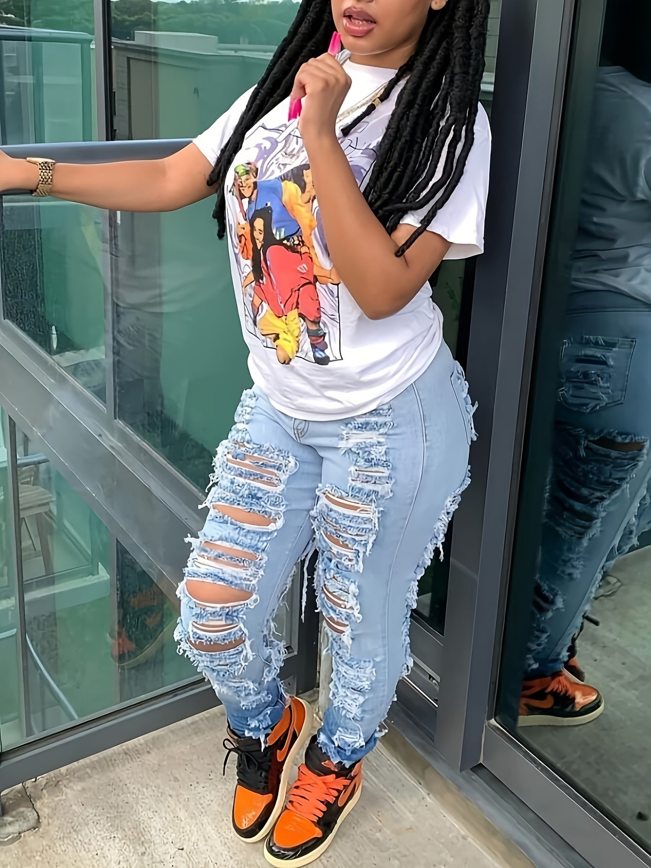 Jeans para mujer de corte casual ajustado, con alta elasticidad y talla grande, en color degradado