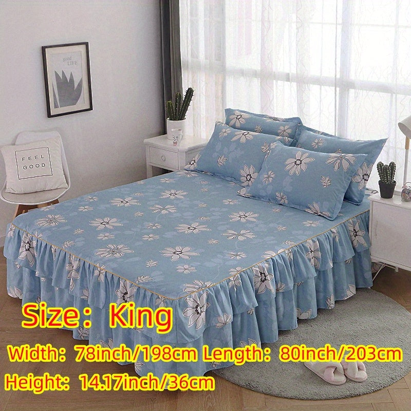 Three-Piece Macrame Bed Skirt Set with Flower Print Non-Slip Bedding for All Seasons