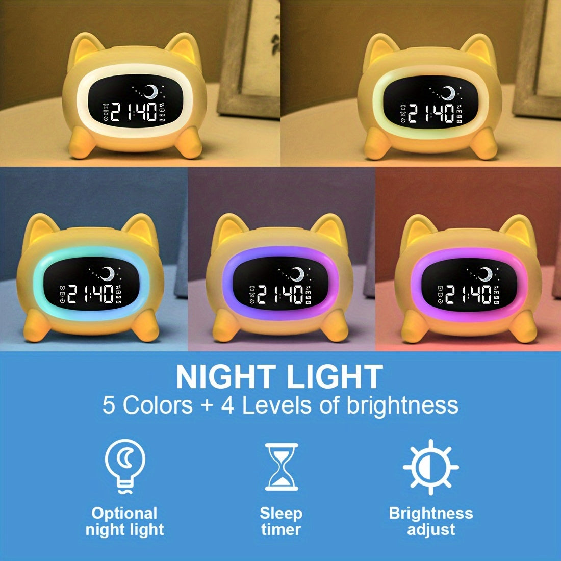 Yellow Cartoon Animal Alarm Clock for Kids Ages 3-8 with Night Light and Sleep Melodies
